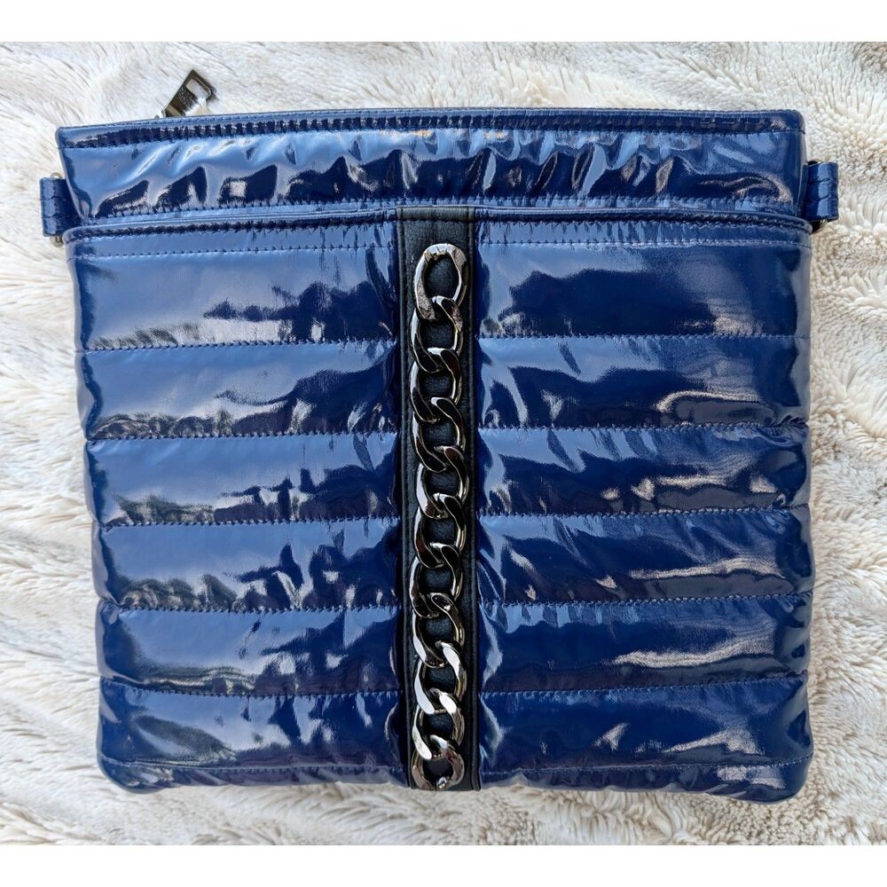 Think Royln "Milano" Glossy Navy Chain Front Quilted Puffer Crossbody/Clutch Bag